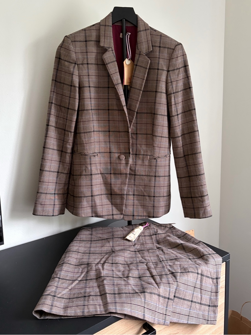 Daniel Cremieux Brown Plaid Blazer and Skirt Set with Navy Accents